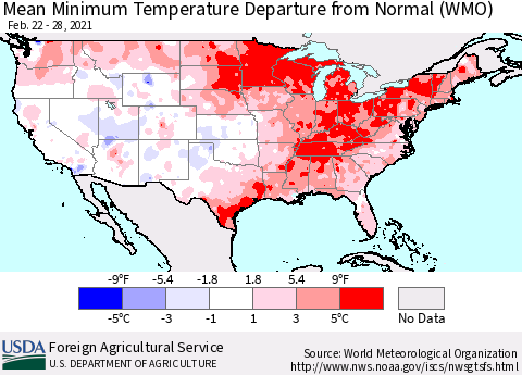 United States Mean Minimum Temperature Departure from Normal (WMO) Thematic Map For 2/22/2021 - 2/28/2021
