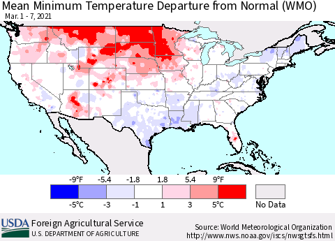 United States Mean Minimum Temperature Departure from Normal (WMO) Thematic Map For 3/1/2021 - 3/7/2021
