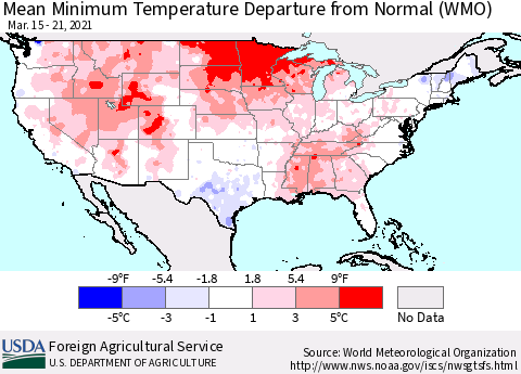 United States Mean Minimum Temperature Departure from Normal (WMO) Thematic Map For 3/15/2021 - 3/21/2021