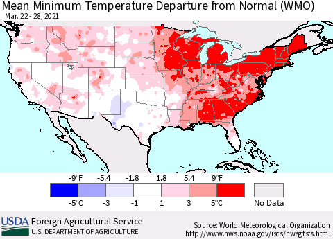 United States Mean Minimum Temperature Departure from Normal (WMO) Thematic Map For 3/22/2021 - 3/28/2021