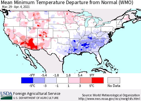 United States Minimum Temperature Departure From Normal (WMO) Thematic Map For 3/29/2021 - 4/4/2021