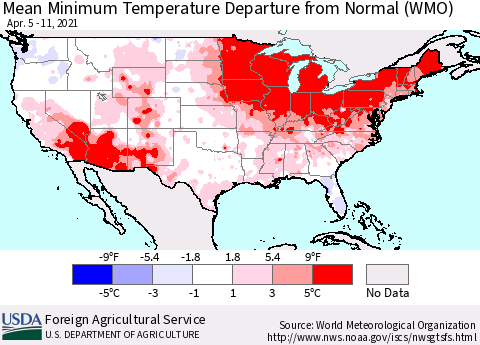 United States Mean Minimum Temperature Departure from Normal (WMO) Thematic Map For 4/5/2021 - 4/11/2021