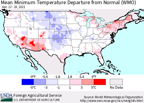 United States Mean Minimum Temperature Departure from Normal (WMO) Thematic Map For 4/12/2021 - 4/18/2021
