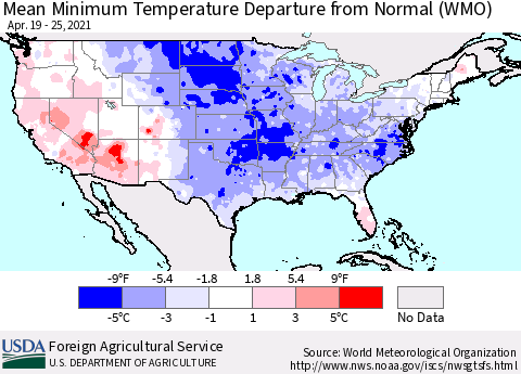 United States Mean Minimum Temperature Departure from Normal (WMO) Thematic Map For 4/19/2021 - 4/25/2021
