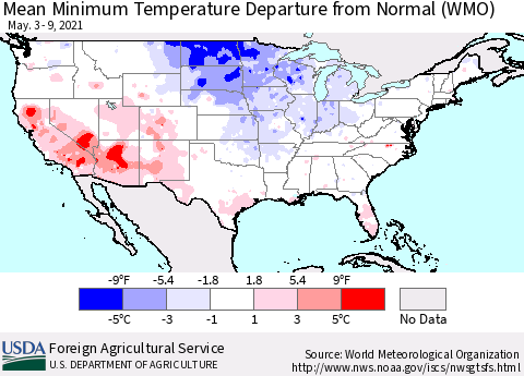 United States Minimum Temperature Departure From Normal (WMO) Thematic Map For 5/3/2021 - 5/9/2021