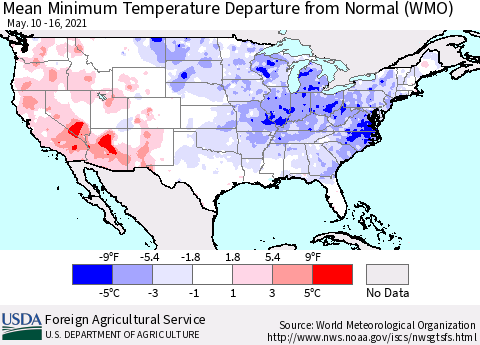 United States Minimum Temperature Departure From Normal (WMO) Thematic Map For 5/10/2021 - 5/16/2021