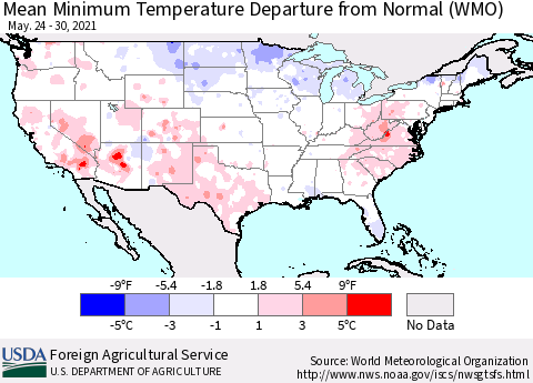 United States Minimum Temperature Departure From Normal (WMO) Thematic Map For 5/24/2021 - 5/30/2021