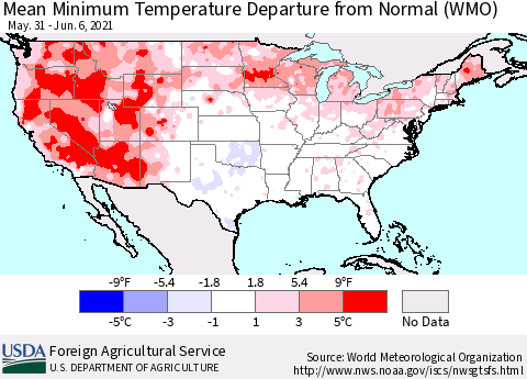 United States Mean Minimum Temperature Departure from Normal (WMO) Thematic Map For 5/31/2021 - 6/6/2021