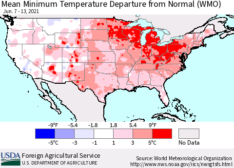 United States Minimum Temperature Departure From Normal (WMO) Thematic Map For 6/7/2021 - 6/13/2021