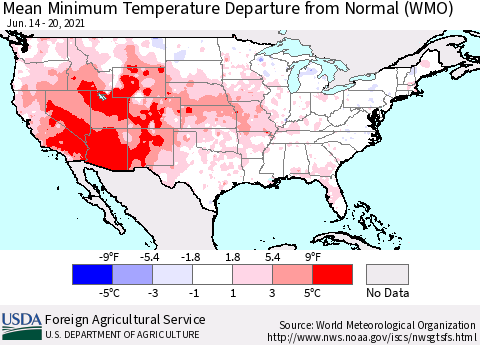 United States Minimum Temperature Departure From Normal (WMO) Thematic Map For 6/14/2021 - 6/20/2021