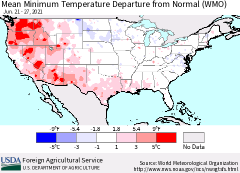 United States Minimum Temperature Departure From Normal (WMO) Thematic Map For 6/21/2021 - 6/27/2021