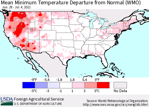 United States Minimum Temperature Departure From Normal (WMO) Thematic Map For 6/28/2021 - 7/4/2021