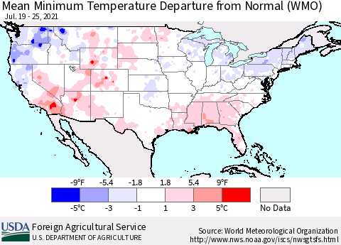 United States Mean Minimum Temperature Departure from Normal (WMO) Thematic Map For 7/19/2021 - 7/25/2021