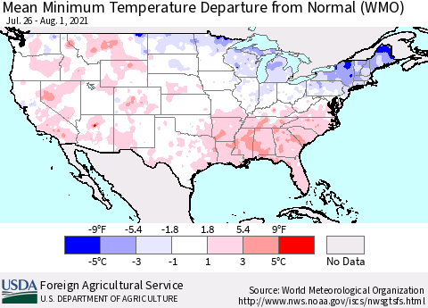United States Mean Minimum Temperature Departure from Normal (WMO) Thematic Map For 7/26/2021 - 8/1/2021