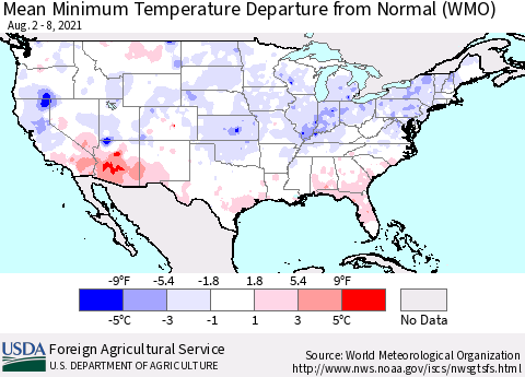 United States Minimum Temperature Departure From Normal (WMO) Thematic Map For 8/2/2021 - 8/8/2021