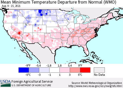 United States Mean Minimum Temperature Departure from Normal (WMO) Thematic Map For 8/9/2021 - 8/15/2021