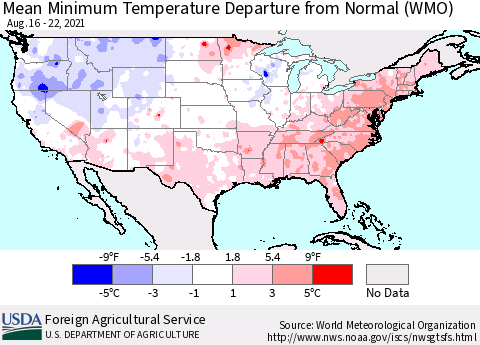 United States Minimum Temperature Departure From Normal (WMO) Thematic Map For 8/16/2021 - 8/22/2021