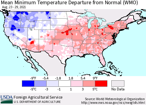 United States Mean Minimum Temperature Departure from Normal (WMO) Thematic Map For 8/23/2021 - 8/29/2021