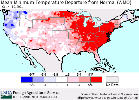 United States Mean Minimum Temperature Departure from Normal (WMO) Thematic Map For 10/4/2021 - 10/10/2021