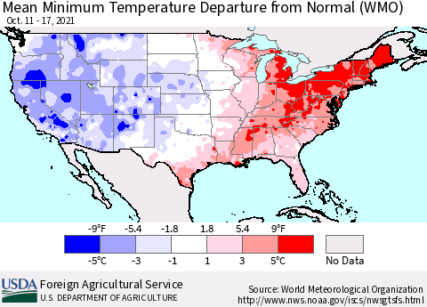 United States Mean Minimum Temperature Departure from Normal (WMO) Thematic Map For 10/11/2021 - 10/17/2021