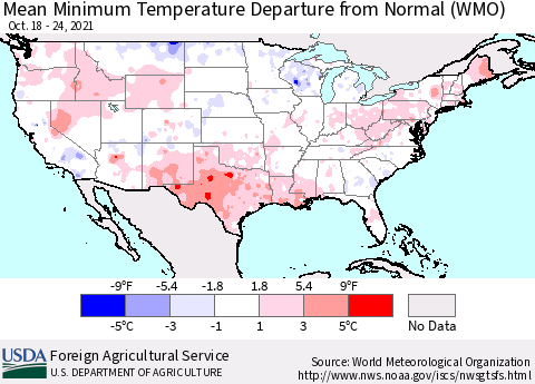 United States Mean Minimum Temperature Departure from Normal (WMO) Thematic Map For 10/18/2021 - 10/24/2021