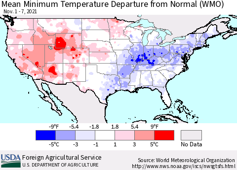 United States Mean Minimum Temperature Departure from Normal (WMO) Thematic Map For 11/1/2021 - 11/7/2021
