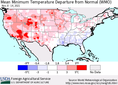 United States Mean Minimum Temperature Departure from Normal (WMO) Thematic Map For 11/8/2021 - 11/14/2021