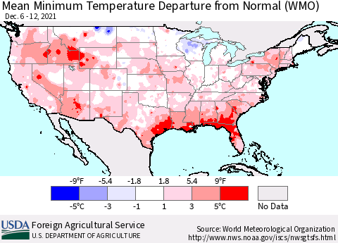 United States Minimum Temperature Departure From Normal (WMO) Thematic Map For 12/6/2021 - 12/12/2021