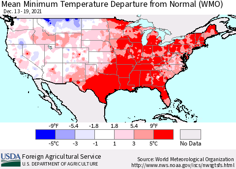 United States Mean Minimum Temperature Departure from Normal (WMO) Thematic Map For 12/13/2021 - 12/19/2021