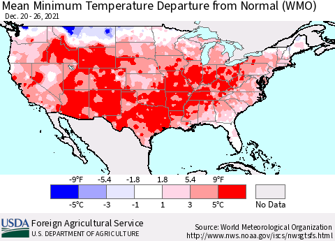 United States Mean Minimum Temperature Departure from Normal (WMO) Thematic Map For 12/20/2021 - 12/26/2021
