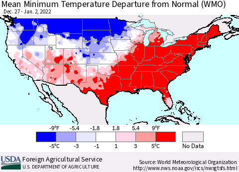 United States Mean Minimum Temperature Departure from Normal (WMO) Thematic Map For 12/27/2021 - 1/2/2022