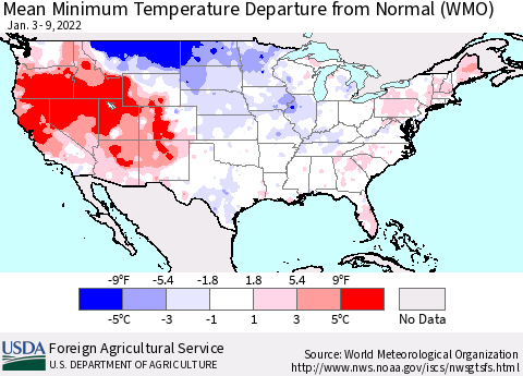 United States Mean Minimum Temperature Departure from Normal (WMO) Thematic Map For 1/3/2022 - 1/9/2022