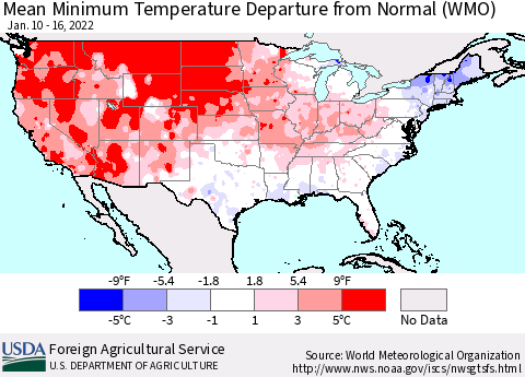 United States Mean Minimum Temperature Departure from Normal (WMO) Thematic Map For 1/10/2022 - 1/16/2022