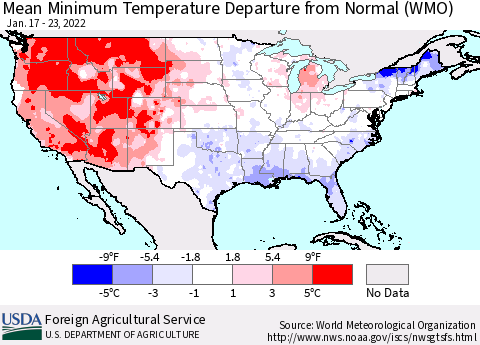 United States Mean Minimum Temperature Departure from Normal (WMO) Thematic Map For 1/17/2022 - 1/23/2022