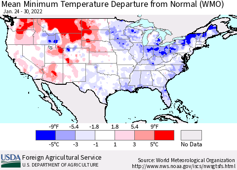 United States Minimum Temperature Departure From Normal (WMO) Thematic Map For 1/24/2022 - 1/30/2022