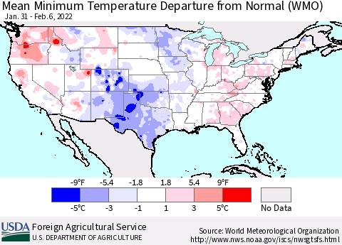 United States Minimum Temperature Departure From Normal (WMO) Thematic Map For 1/31/2022 - 2/6/2022