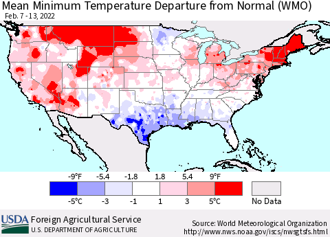 United States Minimum Temperature Departure From Normal (WMO) Thematic Map For 2/7/2022 - 2/13/2022