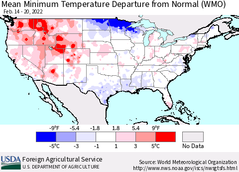 United States Mean Minimum Temperature Departure from Normal (WMO) Thematic Map For 2/14/2022 - 2/20/2022