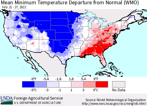 United States Minimum Temperature Departure From Normal (WMO) Thematic Map For 2/21/2022 - 2/27/2022