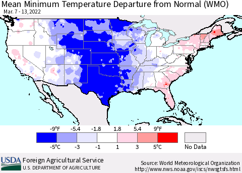 United States Mean Minimum Temperature Departure from Normal (WMO) Thematic Map For 3/7/2022 - 3/13/2022