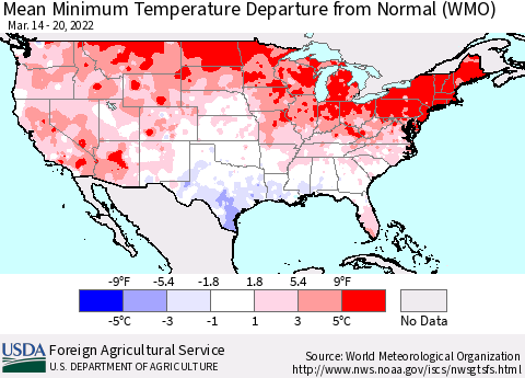 United States Minimum Temperature Departure From Normal (WMO) Thematic Map For 3/14/2022 - 3/20/2022