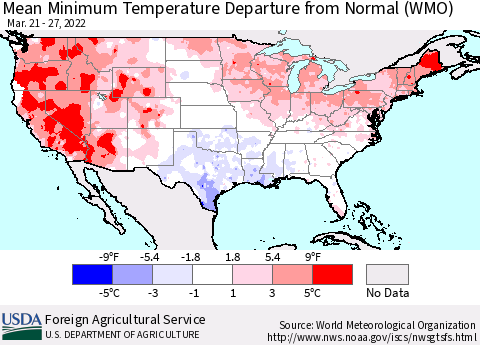 United States Minimum Temperature Departure From Normal (WMO) Thematic Map For 3/21/2022 - 3/27/2022