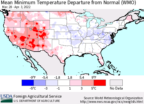 United States Minimum Temperature Departure From Normal (WMO) Thematic Map For 3/28/2022 - 4/3/2022