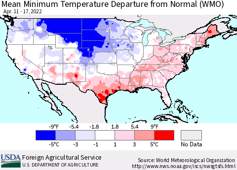 United States Mean Minimum Temperature Departure from Normal (WMO) Thematic Map For 4/11/2022 - 4/17/2022