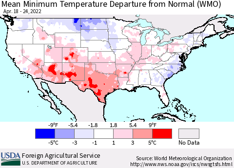 United States Mean Minimum Temperature Departure from Normal (WMO) Thematic Map For 4/18/2022 - 4/24/2022