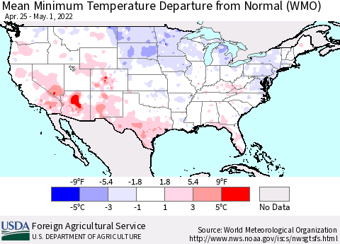 United States Minimum Temperature Departure From Normal (WMO) Thematic Map For 4/25/2022 - 5/1/2022