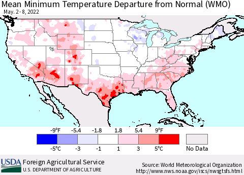 United States Mean Minimum Temperature Departure from Normal (WMO) Thematic Map For 5/2/2022 - 5/8/2022