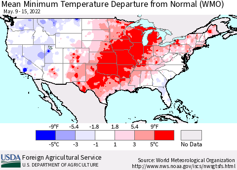 United States Minimum Temperature Departure From Normal (WMO) Thematic Map For 5/9/2022 - 5/15/2022
