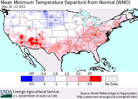 United States Minimum Temperature Departure From Normal (WMO) Thematic Map For 5/16/2022 - 5/22/2022