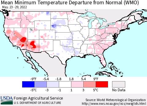 United States Minimum Temperature Departure From Normal (WMO) Thematic Map For 5/23/2022 - 5/29/2022